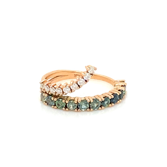 PIEZA ÚNICA / ENTREGA INMEDIATA / Churumbela de Zafiros azules verdosos con “copete” de diamantes / Oro rosa 14k / Talla 5