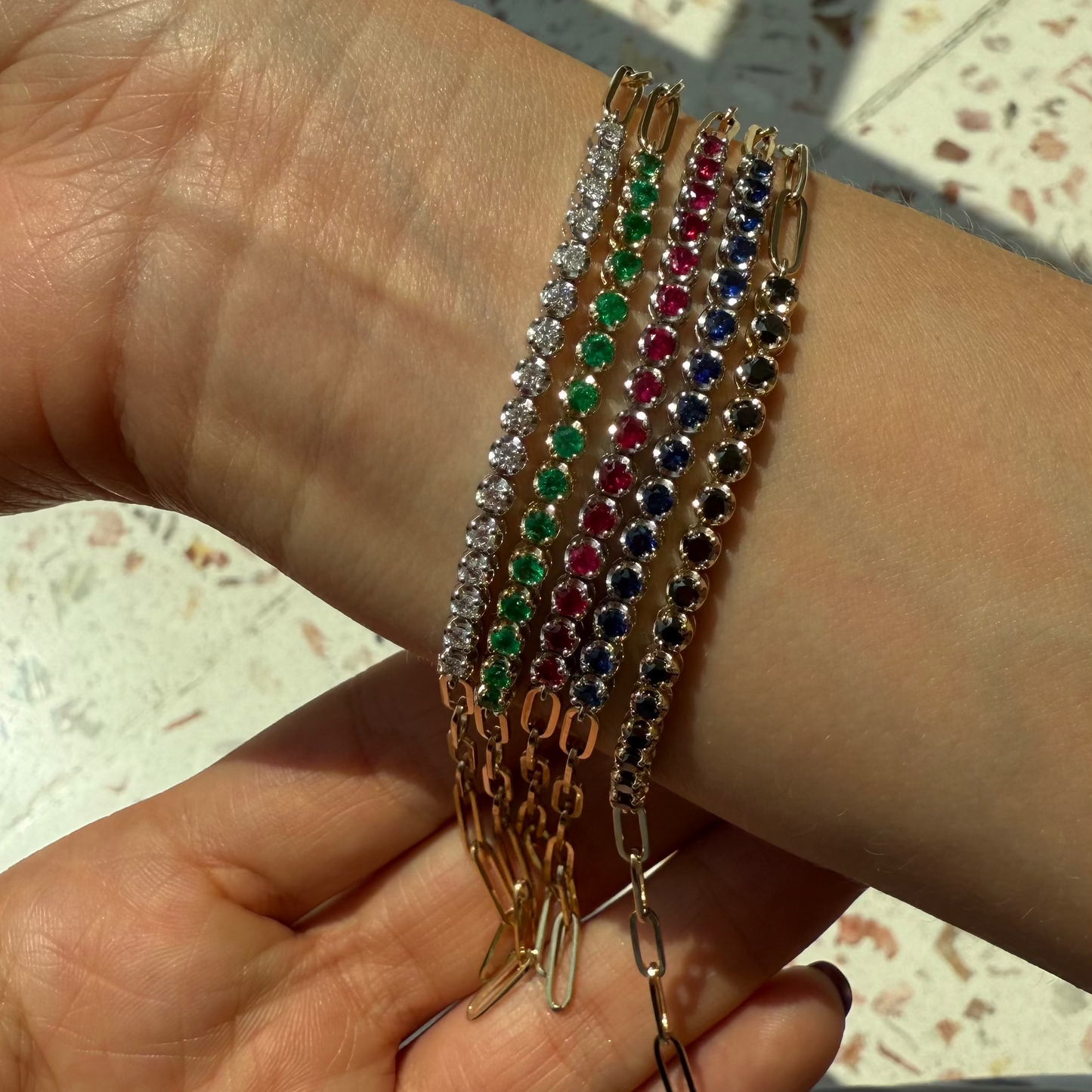 Pulsera Tenis Con Cadena Paperclip / Esmeralda, Rubí o Zafiro