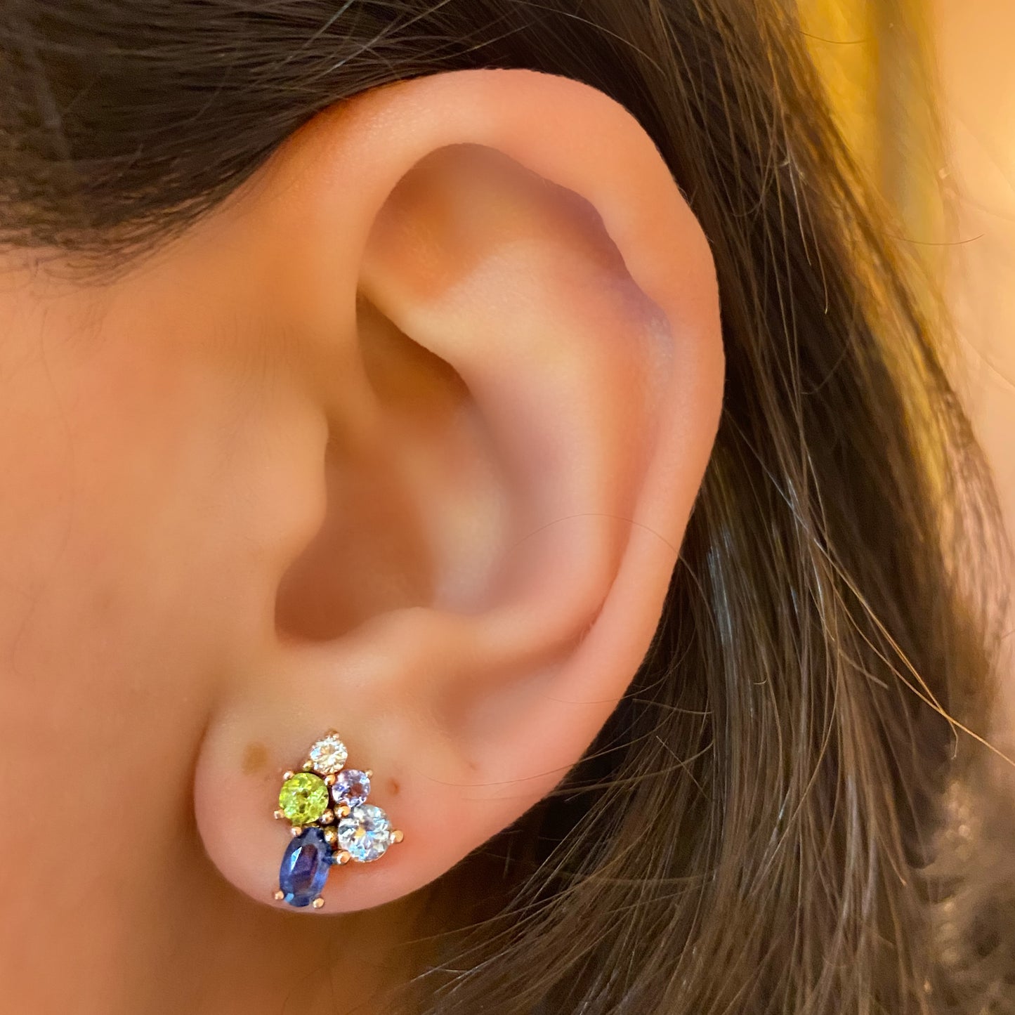 PIEZA UNICA / Aretes de zafiro, afuamarina, peridoto, tanzanita y diamante / ENTREGA INMEDIATA