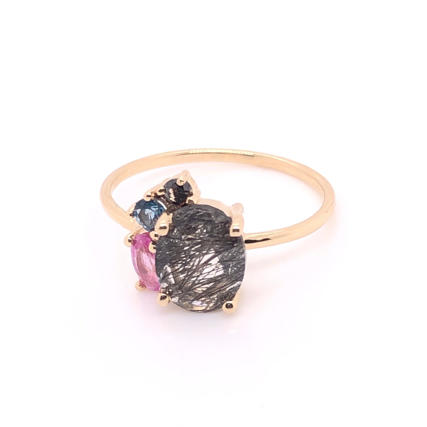ENTREGA INMEDIATA / Anillo Cuarzo Rutilado con Diamante Negro, Topacio London Blue y Zafiro Rosa / Oro amarillo 14k / Talla 7.75