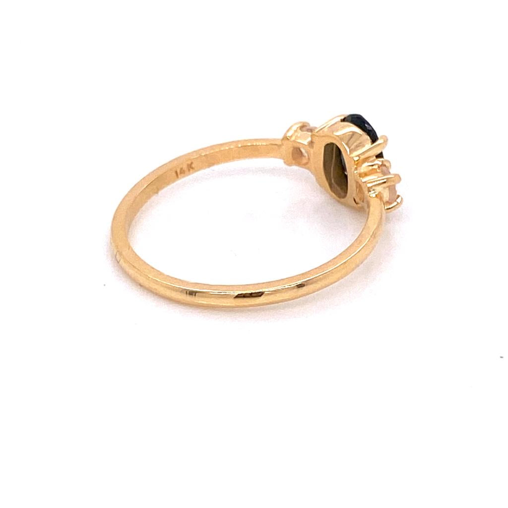 ENTREGA INMEDIATA / Anillo Zafiro 'Teal' con Moonstone Laterales / Oro amarillo 14k / Talla 6