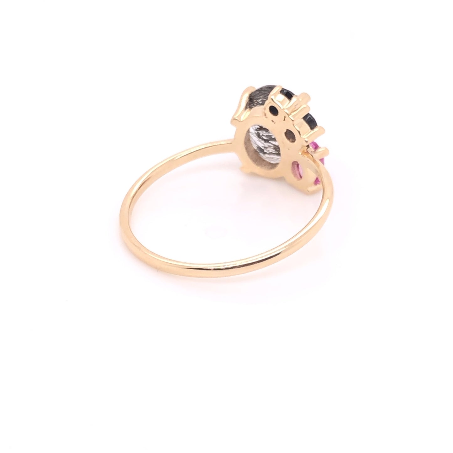 ENTREGA INMEDIATA / Anillo Cuarzo Rutilado con Diamante Negro, Topacio London Blue y Zafiro Rosa / Oro amarillo 14k / Talla 7.75