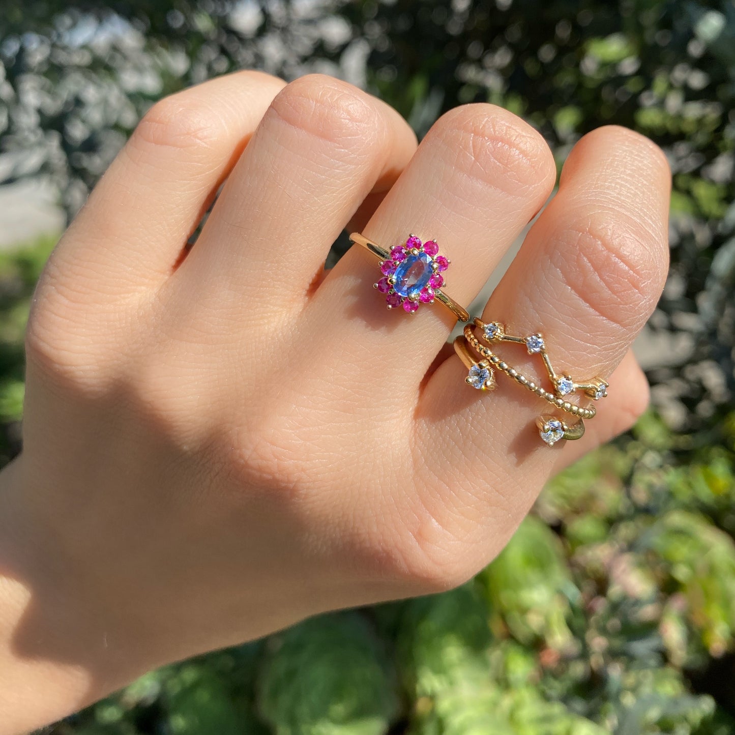 Baby Blue Sapphire Ring with Hot Pink Sapphire Halo