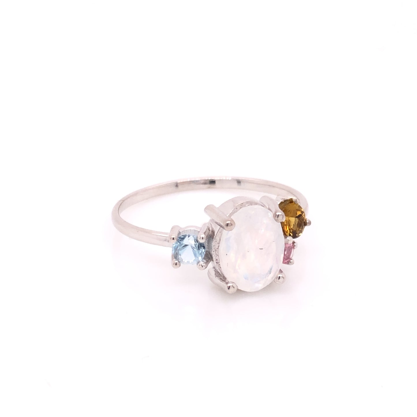 PIEZA ÚNICA - Anillo Cluster de Moonstone con aguamarina, Turmalina y Zafiro rosa