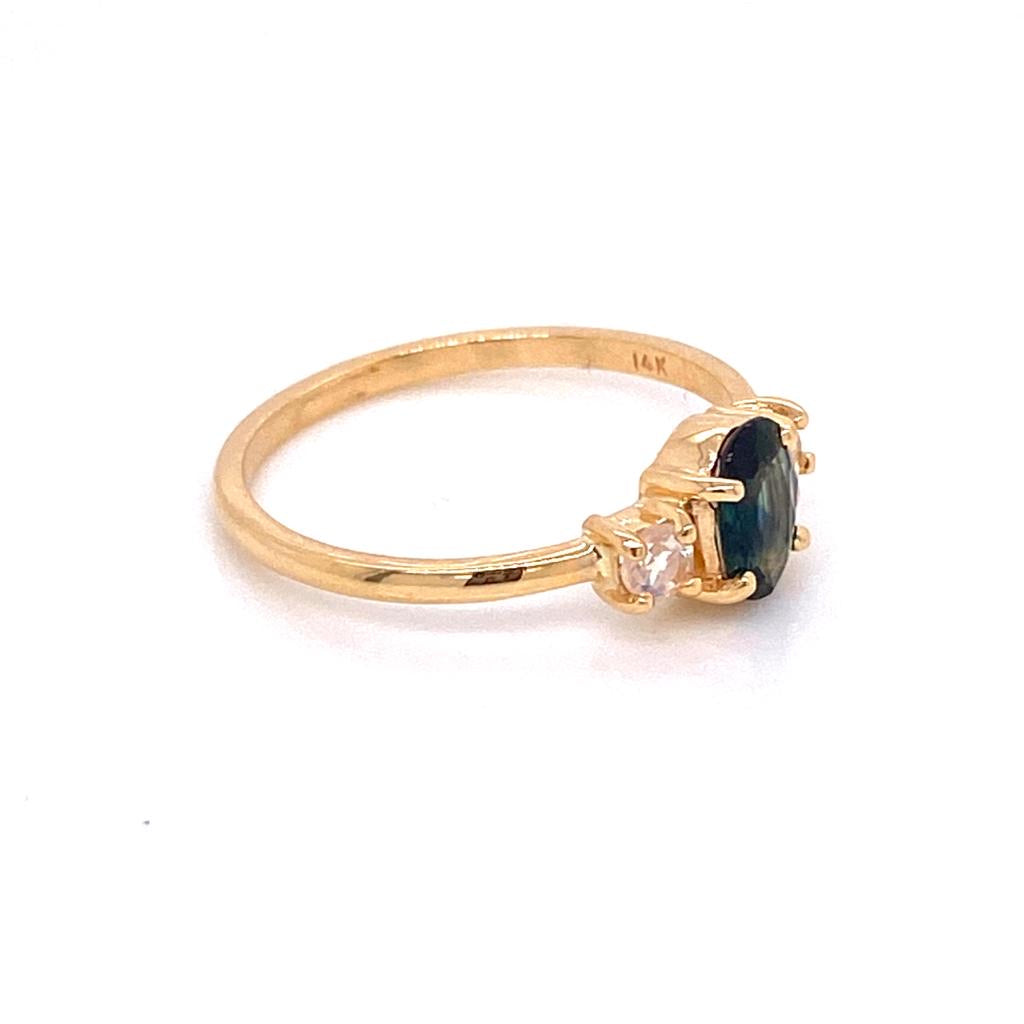 ENTREGA INMEDIATA / Anillo Zafiro 'Teal' con Moonstone Laterales / Oro amarillo 14k / Talla 6