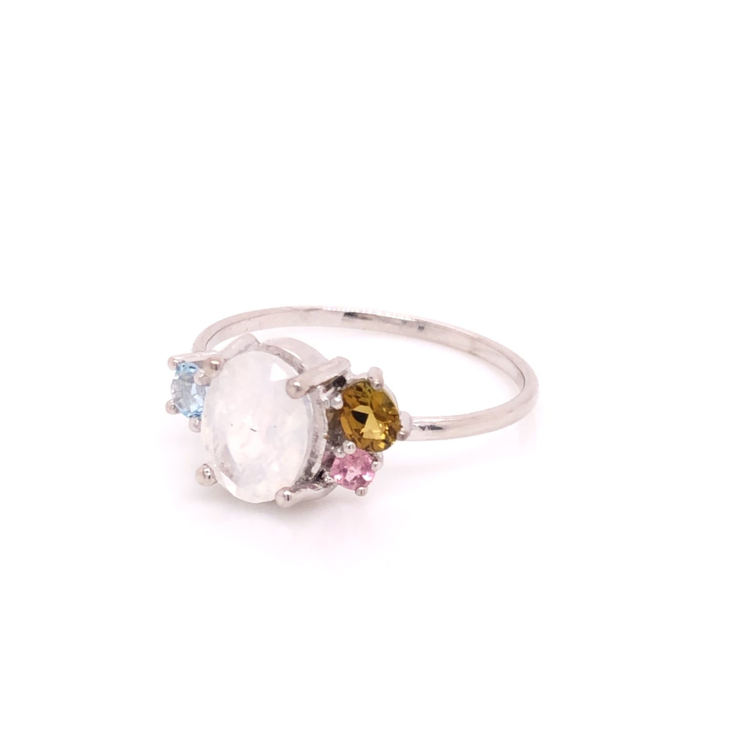 PIEZA ÚNICA - Anillo Cluster de Moonstone con aguamarina, Turmalina y Zafiro rosa