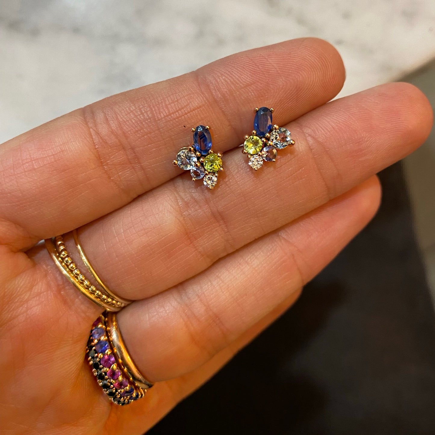 PIEZA UNICA / Aretes de zafiro, afuamarina, peridoto, tanzanita y diamante / ENTREGA INMEDIATA