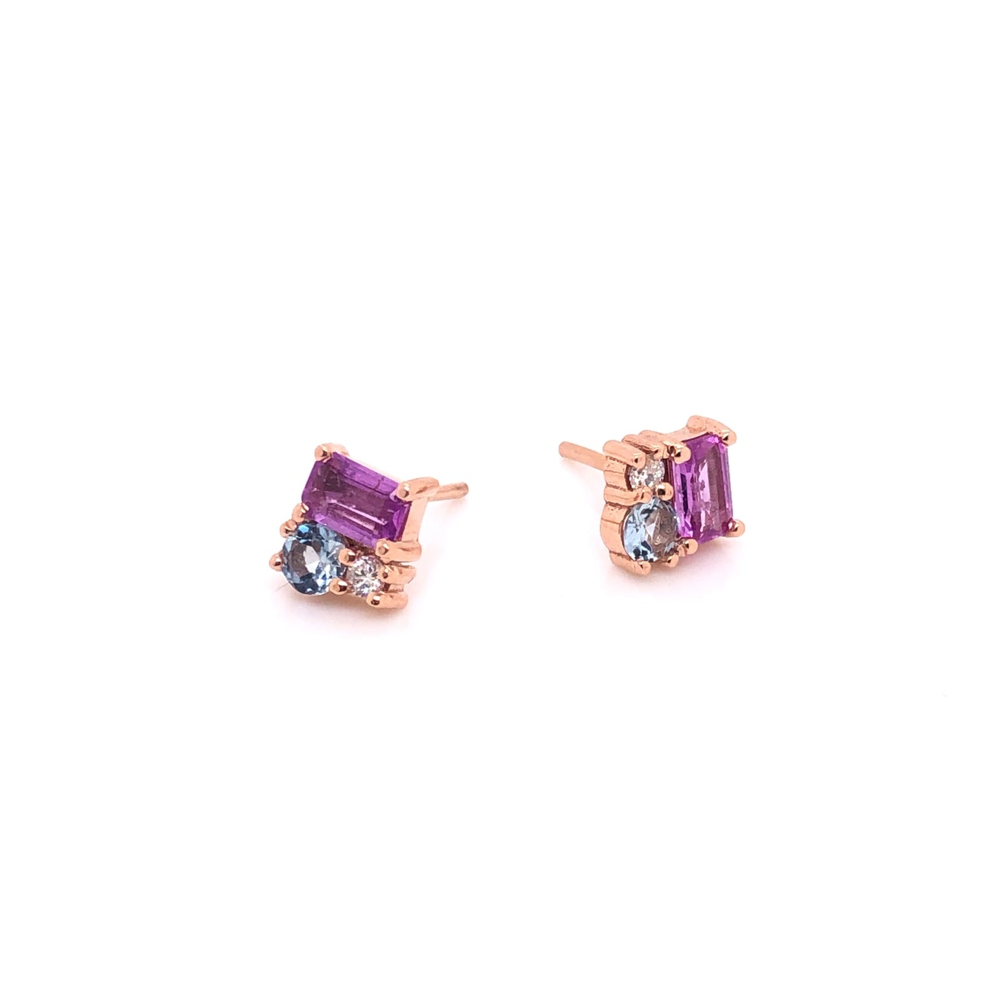 ENTREGA INMEDIATA / Aretes Zafiro Morado, Aguamarina y Diamante / Oro rosa 14k / Par