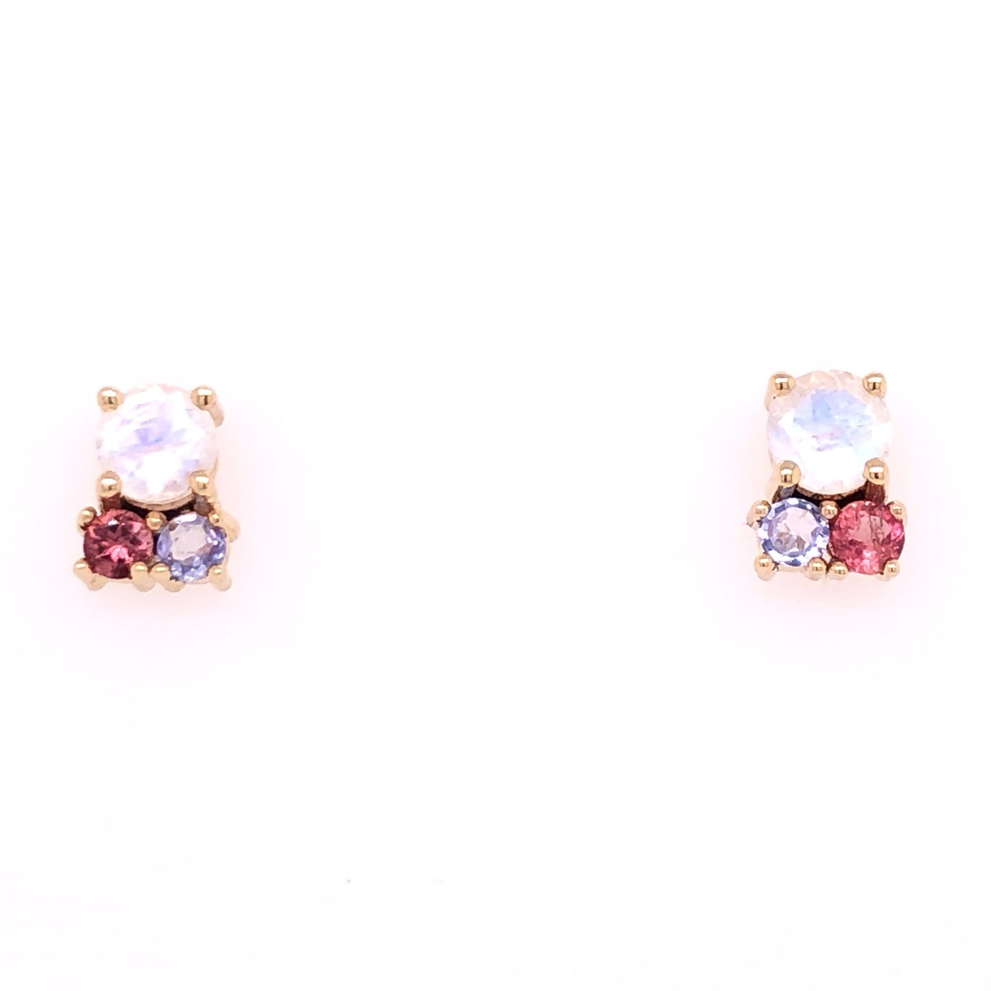 ENTREGA INMEDIATA / Aretes de Moonstone con Tanzanitas y Turmalinas / Oro Amarillo 14k / Par