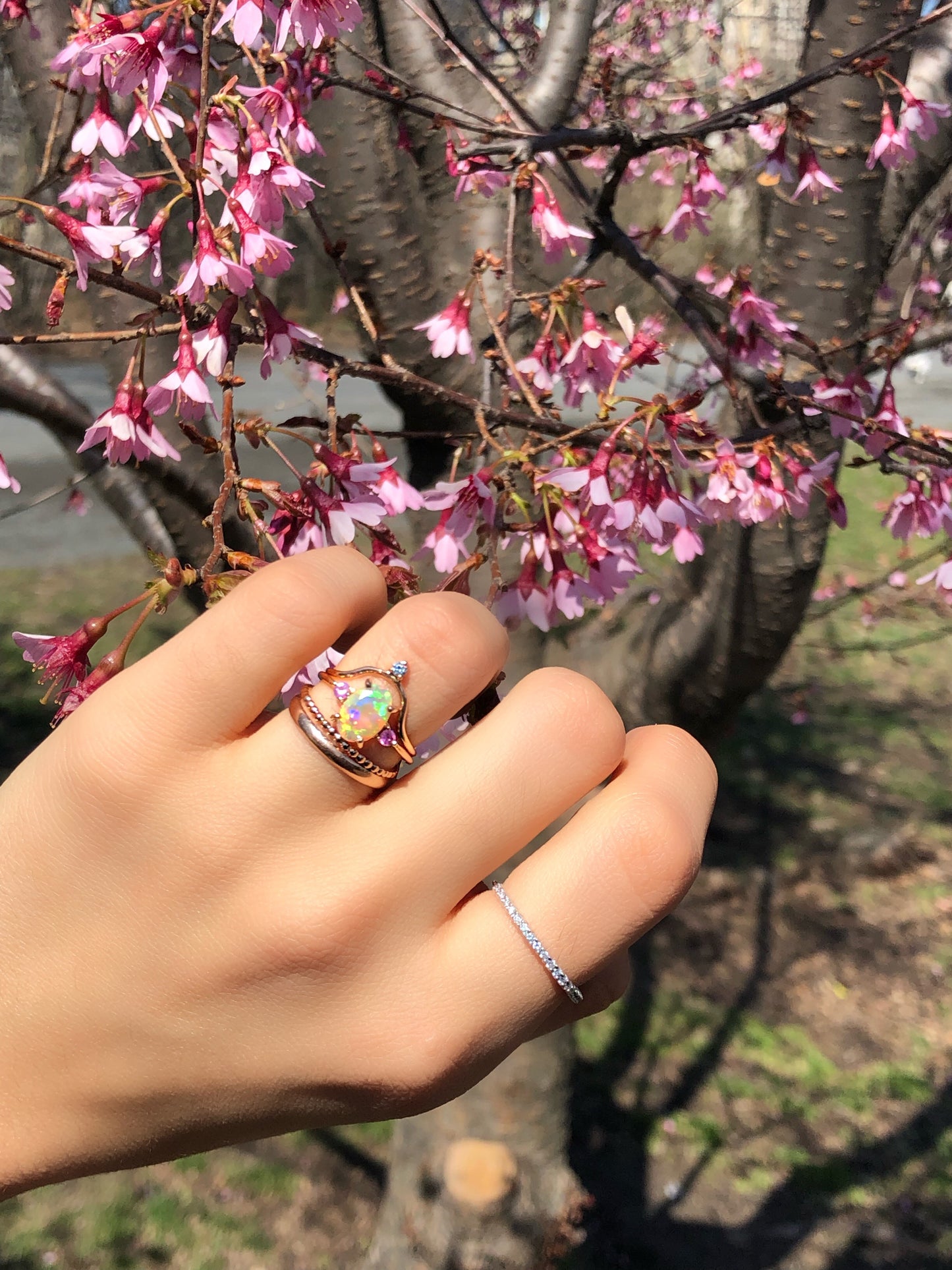 Anillo de Ópalo con Zafiros Rosas