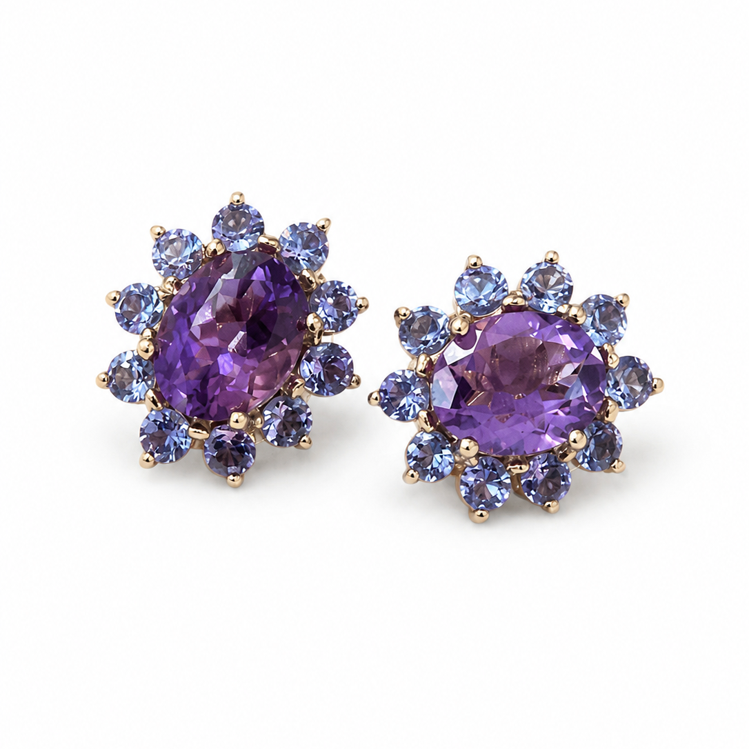 Pieza Única / Aretes de Amatista con halo de Tanzanita (par)