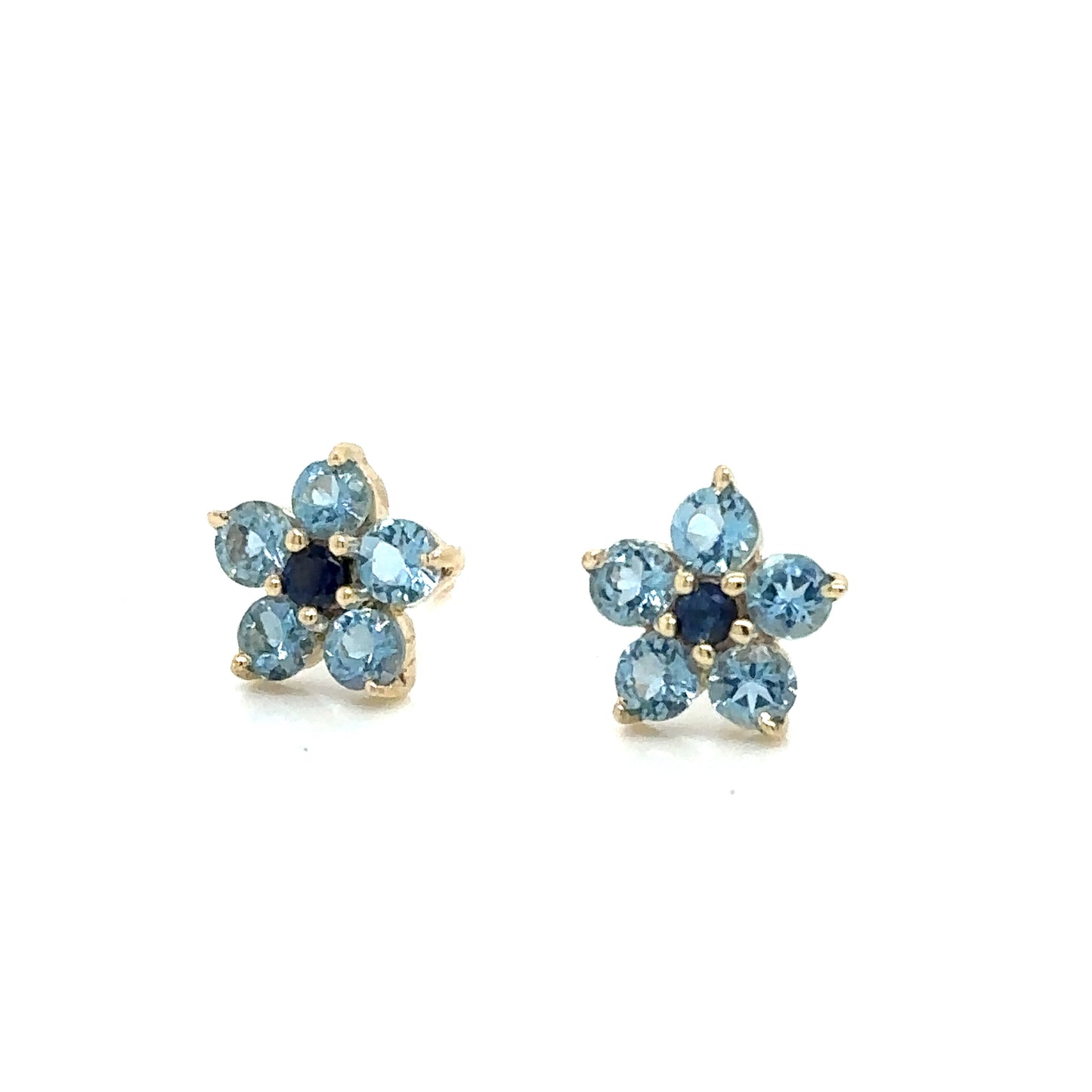 ENTREGA INMEDIATA / Aretes de Flor Grande de Aguamarinas y Zafiros / Oro Amarillo de 14k / Par