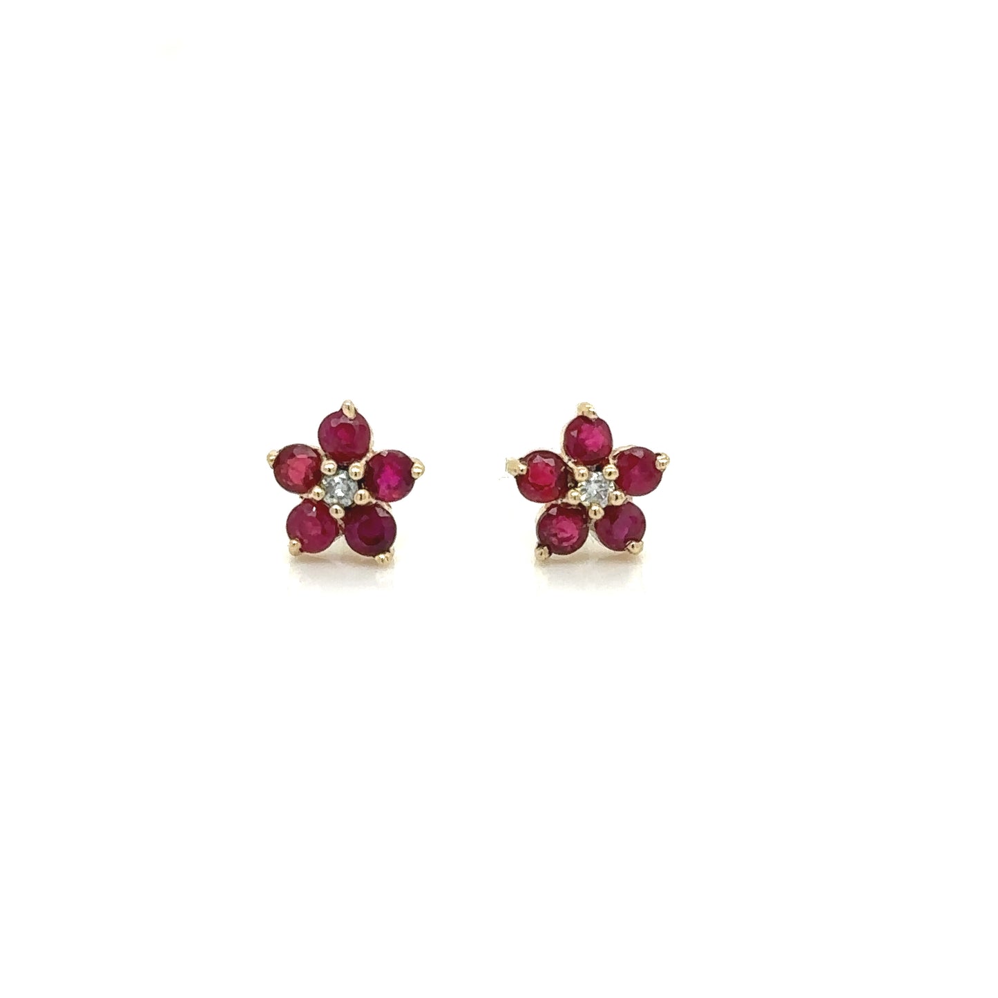 ENTREGA INMEDIATA / Aretes de Flor Mini de Rubis con Diamante / Oro Amarillo 14k / Par