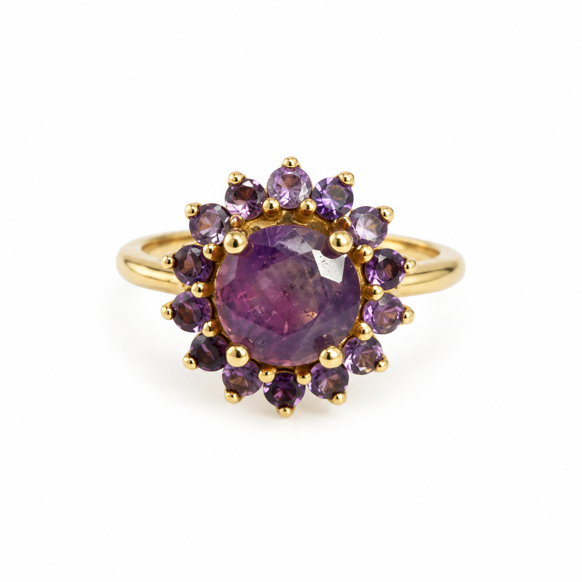 PIEZA ÚNICA / ENTREGA INMEDIATA / Anillo de Zafiro Opalescente con Halo de Amatistas – Oro Amarillo Talla 7
