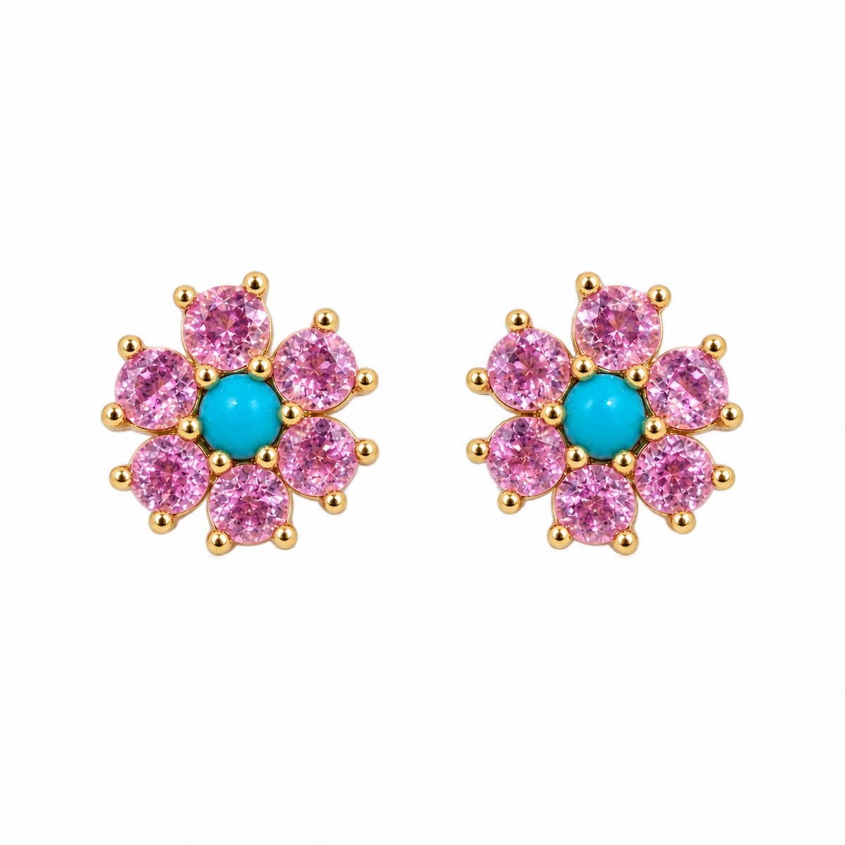 Aretes de Flores de Zafiros con Centro de Turquesa