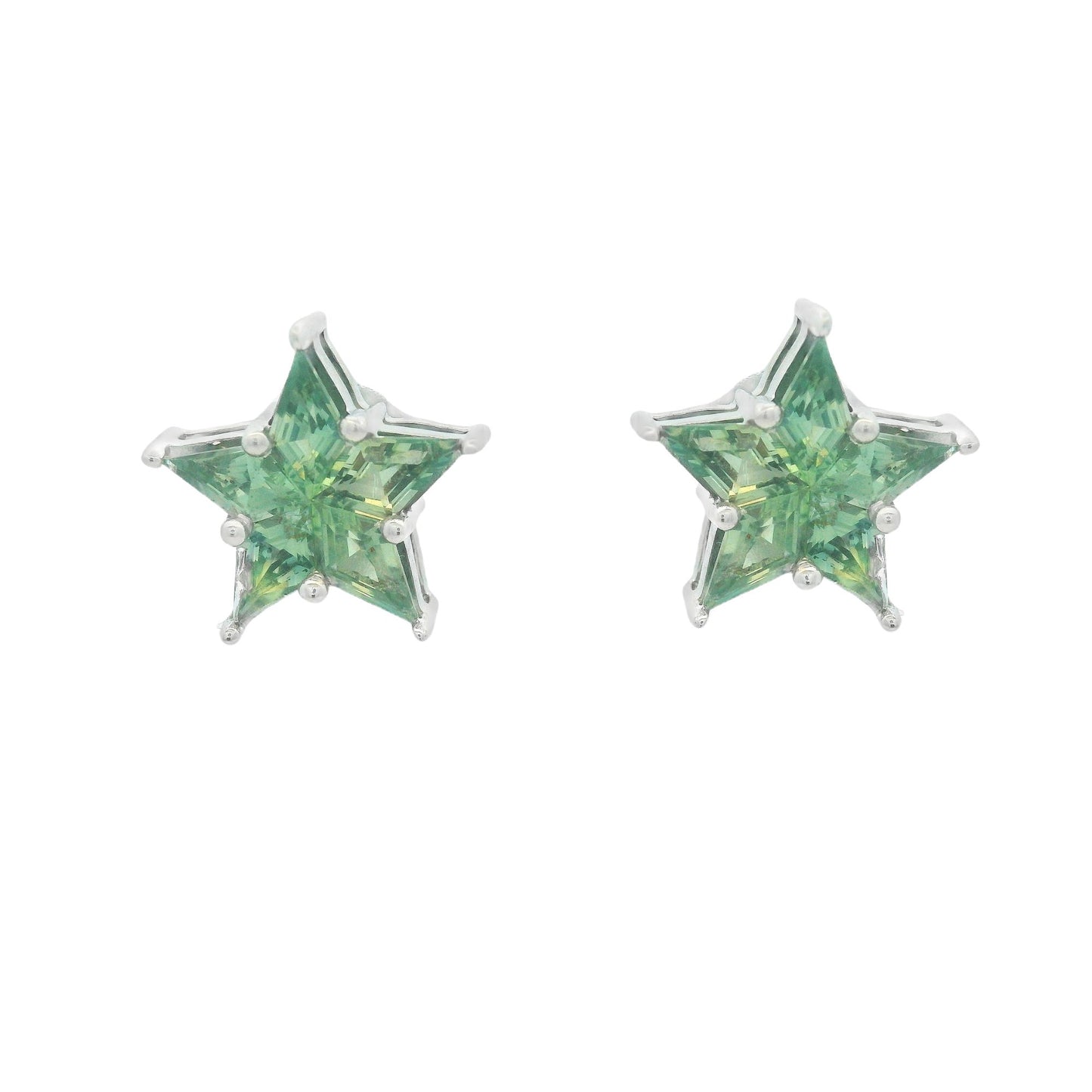 ENTREGA INMEDIATA / PIEZA ÚNICA / Aretes Estrella Rompecabezas de Zafiros Azul Verdosos / Oro Blanco 14k