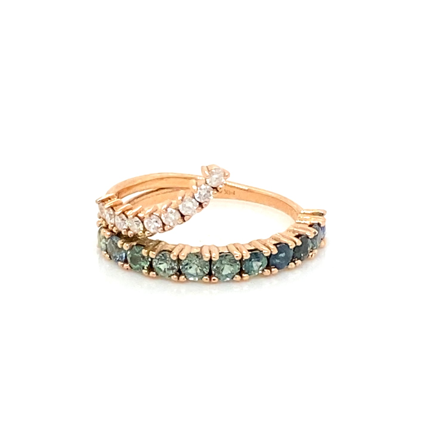 PIEZA ÚNICA / ENTREGA INMEDIATA / Churumbela de Zafiros azules verdosos con “copete” de diamantes / Oro rosa 14k / Talla 5