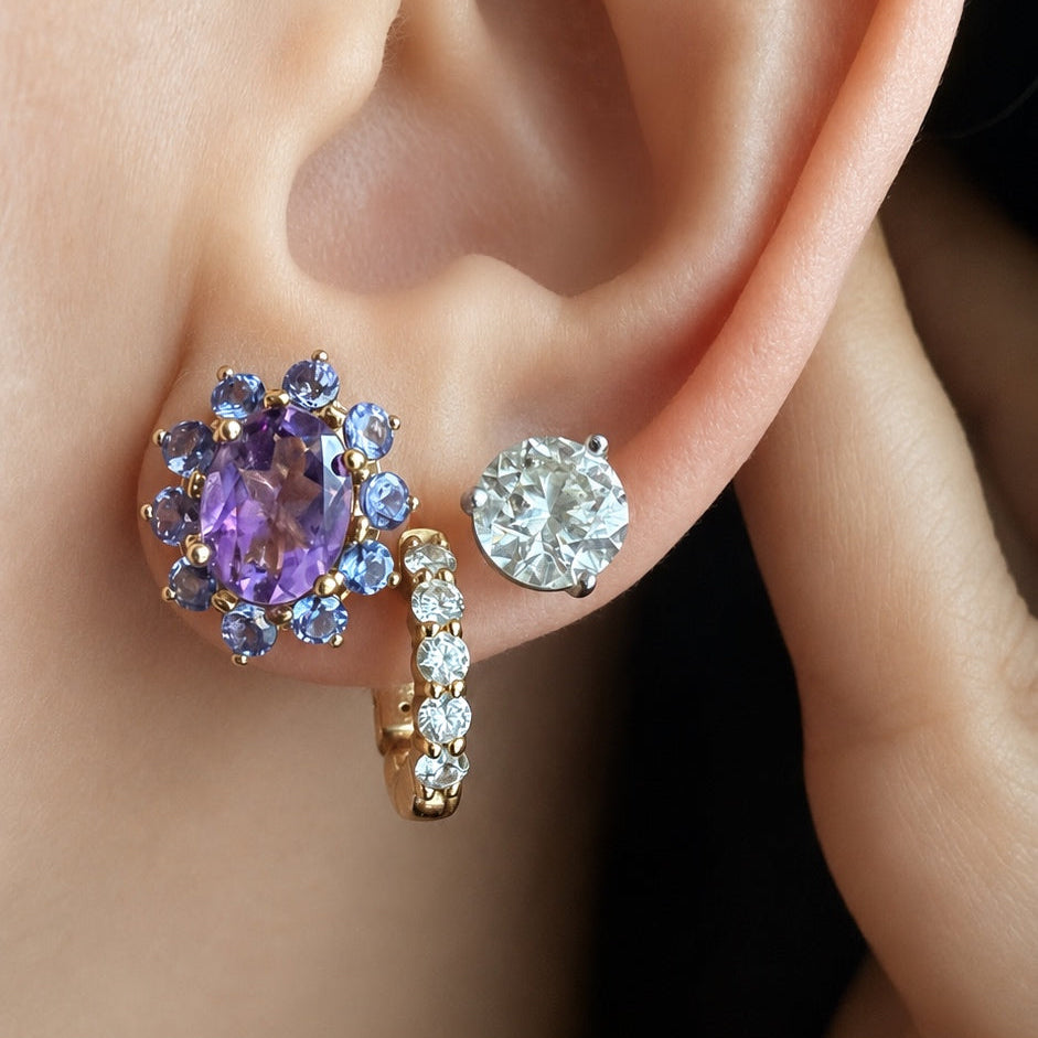 Pieza Única / Aretes de Amatista con halo de Tanzanita (par)