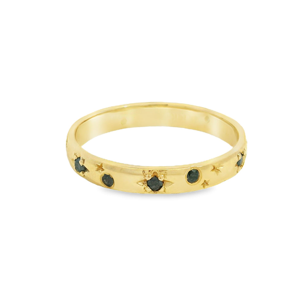 
                      
                        ENTREGA INMEDIATA / Argolla de Estrellas con Diamantes Negros / Oro amarillo 14K / Talla 6
                      
                    