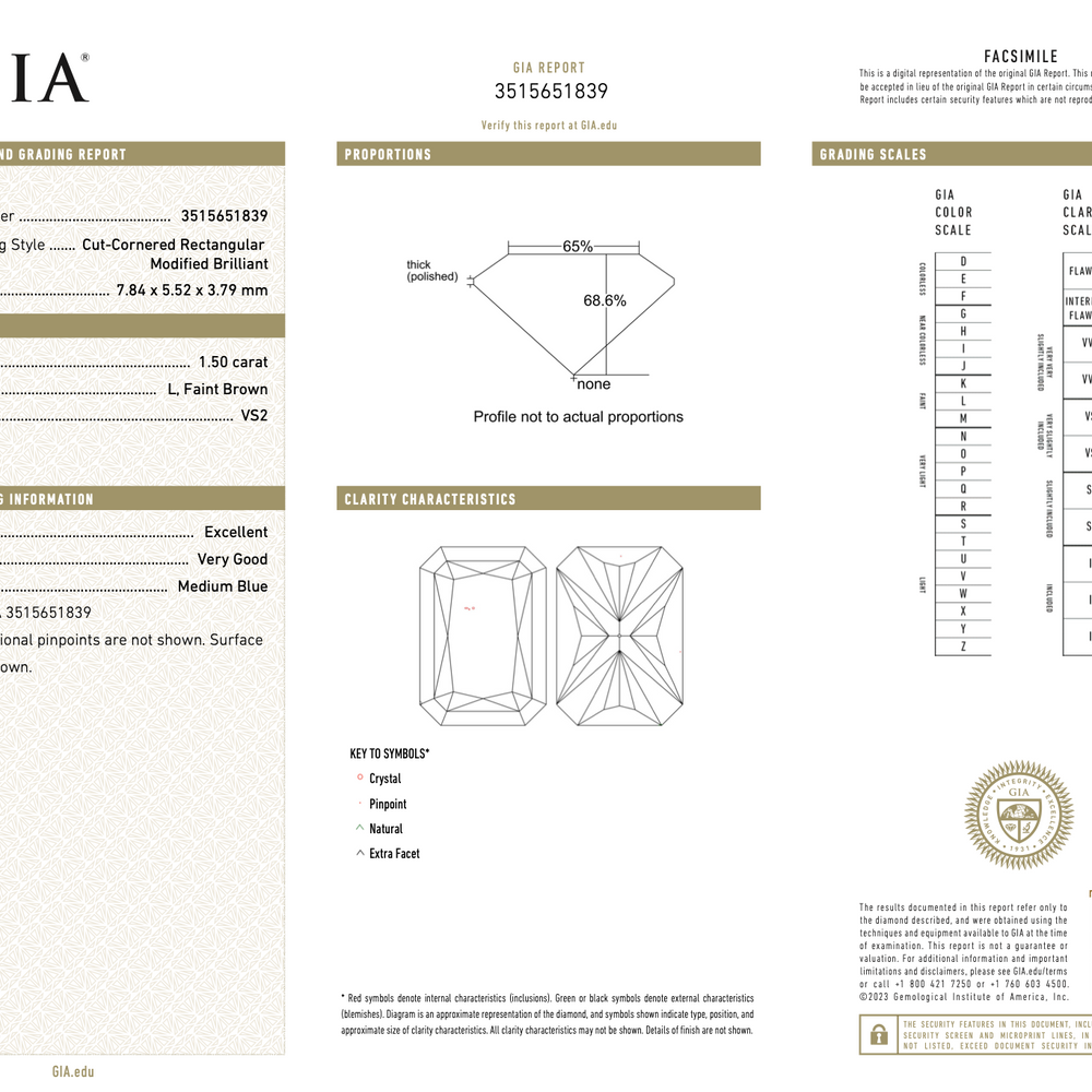 Diamante Unicornio Corte Radiante de 1.50ct color L, Faint Brown, Claridad VS2, Certificado GIA