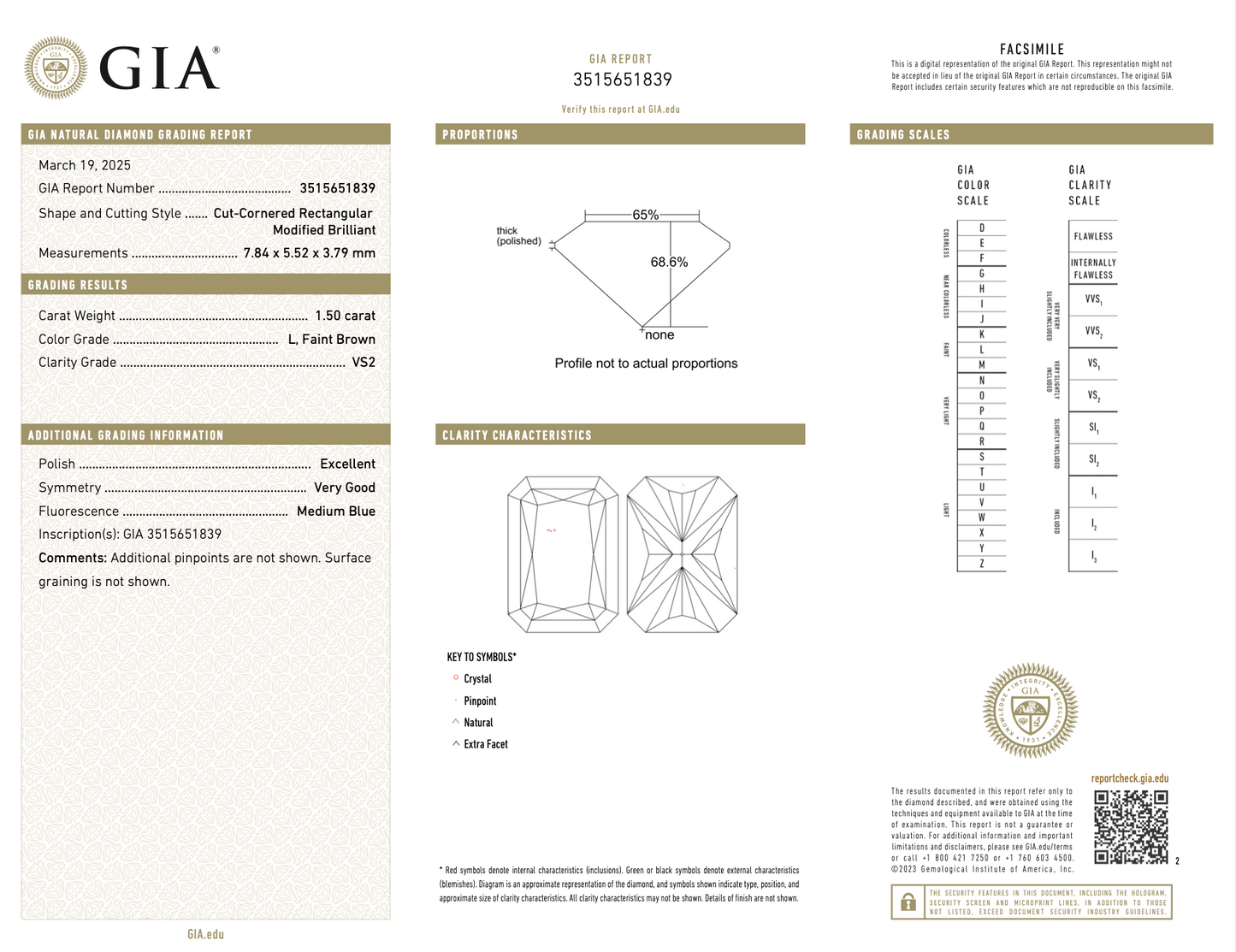 Diamante Unicornio Corte Radiante de 1.50ct color L, Faint Brown, Claridad VS2, Certificado GIA