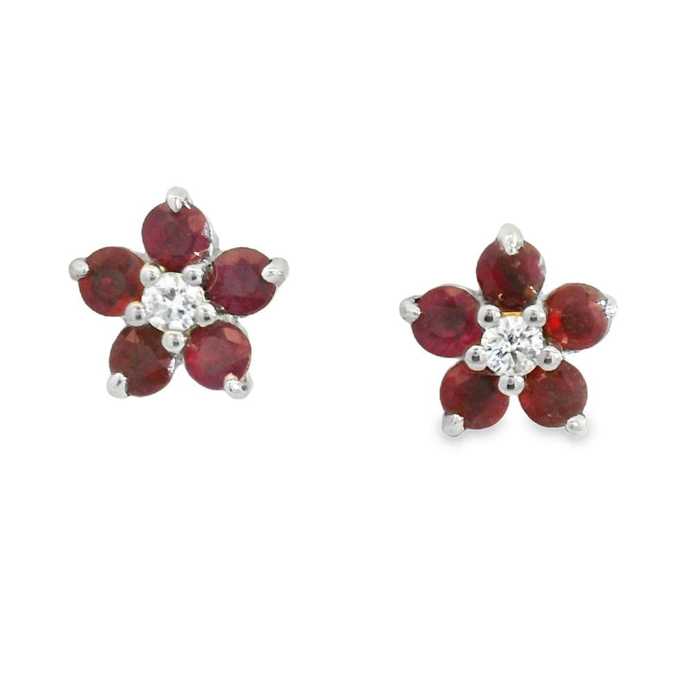 
                      
                        ENTREGA INMEDIATA / Aretes Flor Mini de Rubíes con Centro de Diamante / Oro blanco 14K / PAR
                      
                    