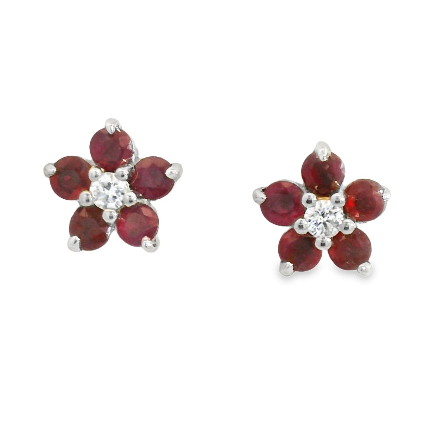 ENTREGA INMEDIATA / Aretes Flor Mini de Rubíes con Centro de Diamante / Oro blanco 14K / PAR