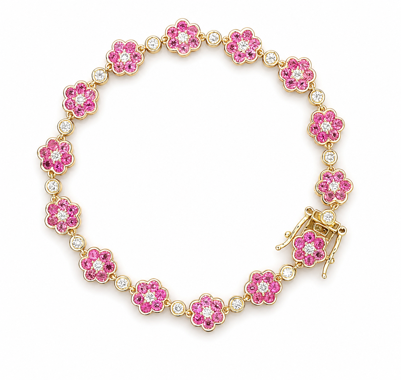 Pulsera Flores de Zafiros y Diamantes Alternados Chica