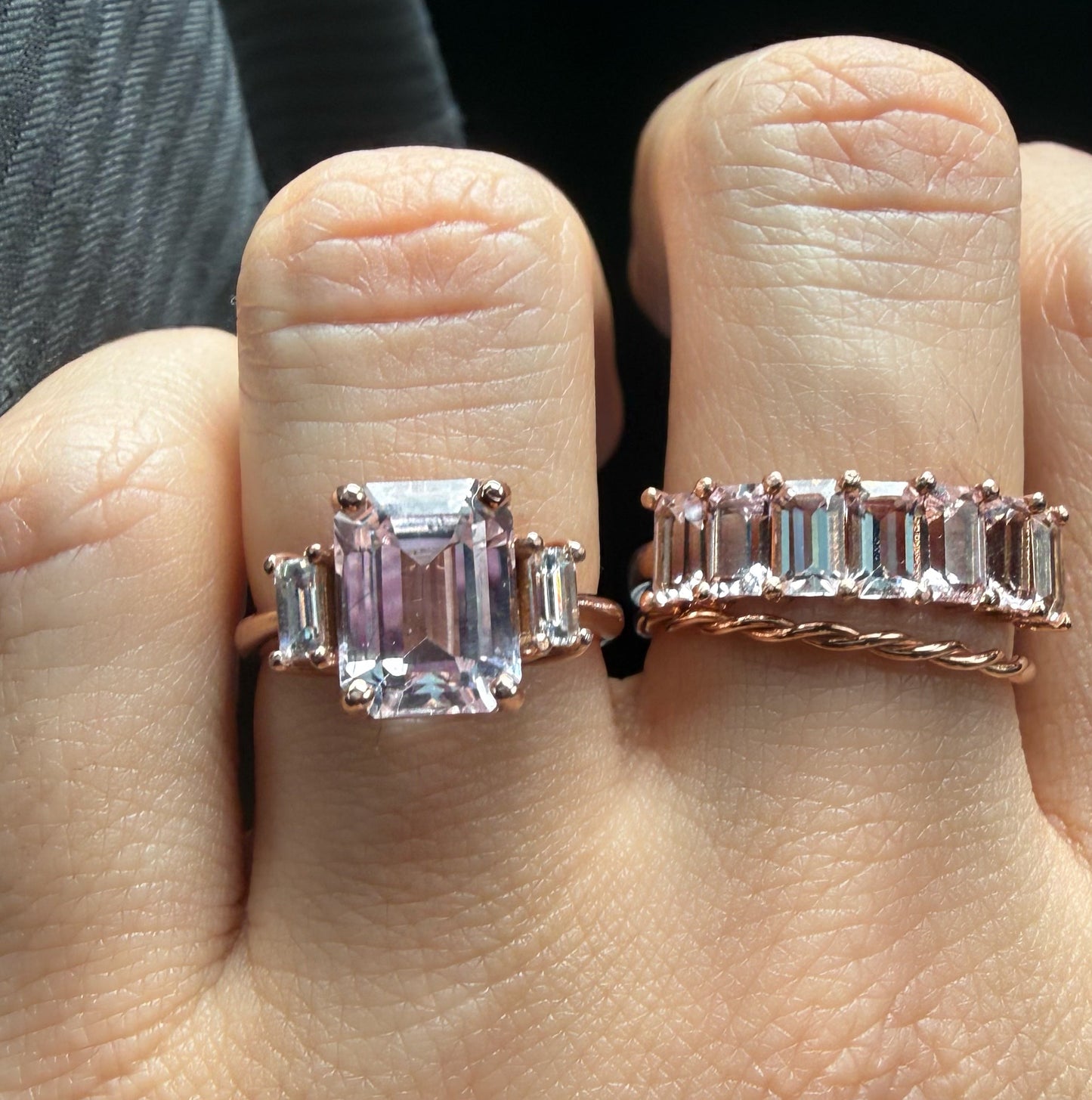 ENTREGA INMEDIATA / Anillo de Kunzita con Diamantes Baguette / Oro Rosa 14k / Talla 5