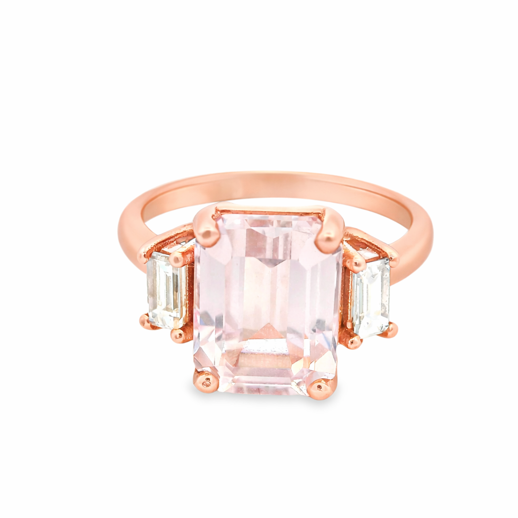 ENTREGA INMEDIATA / Anillo de Kunzita con Diamantes Baguette / Oro Rosa 14k / Talla 5