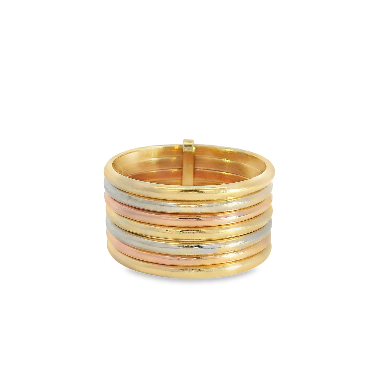 ENTREGA INMEDIATA / PIEZA ÚNICA / Anillo Semanario con Siete Anillos en Tres Oros Diferentes/ Oro amarillo, Oro rosa y Oro blanco 14K / Talla 6.5