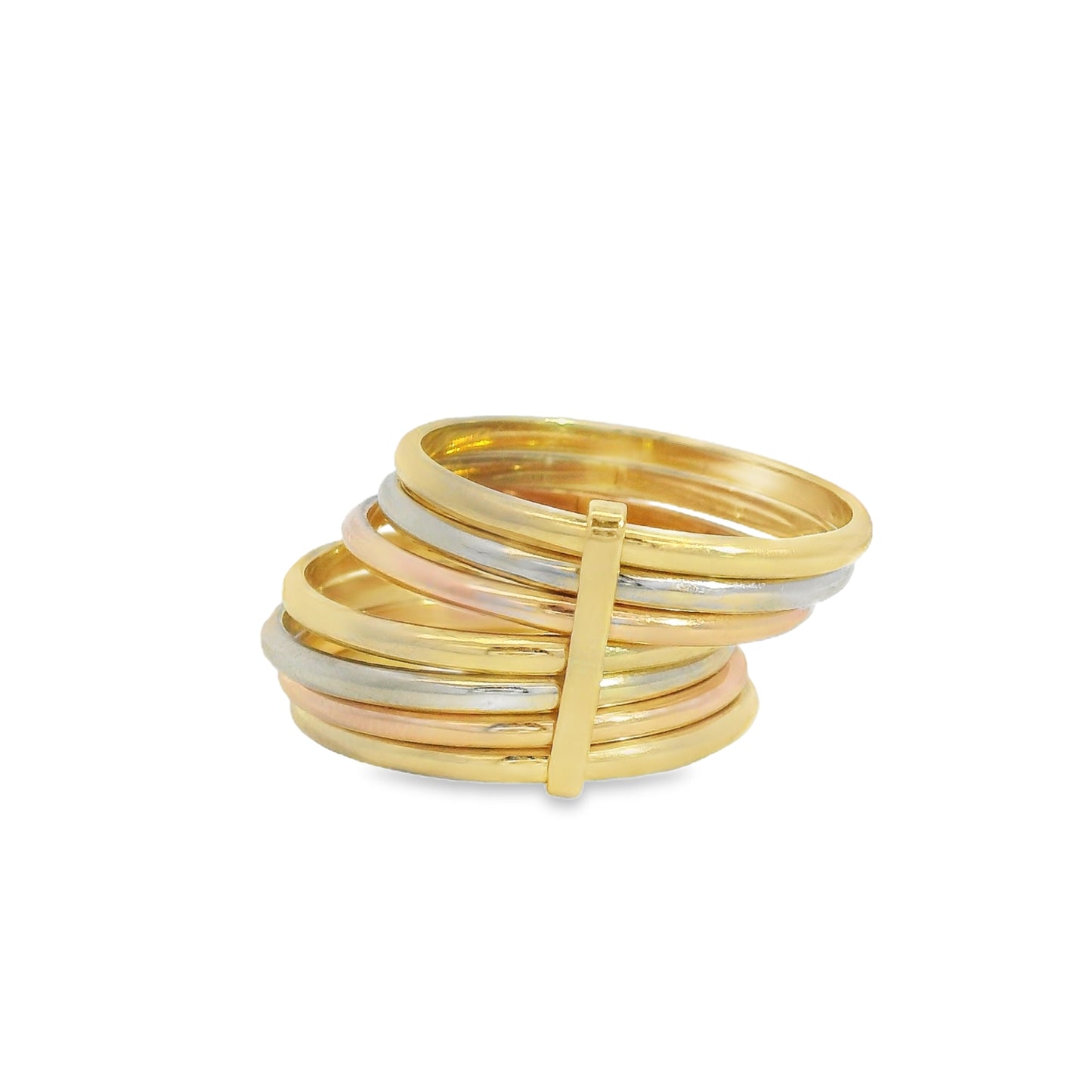 ENTREGA INMEDIATA / PIEZA ÚNICA / Anillo Semanario con Siete Anillos en Tres Oros Diferentes/ Oro amarillo, Oro rosa y Oro blanco 14K / Talla 6.5