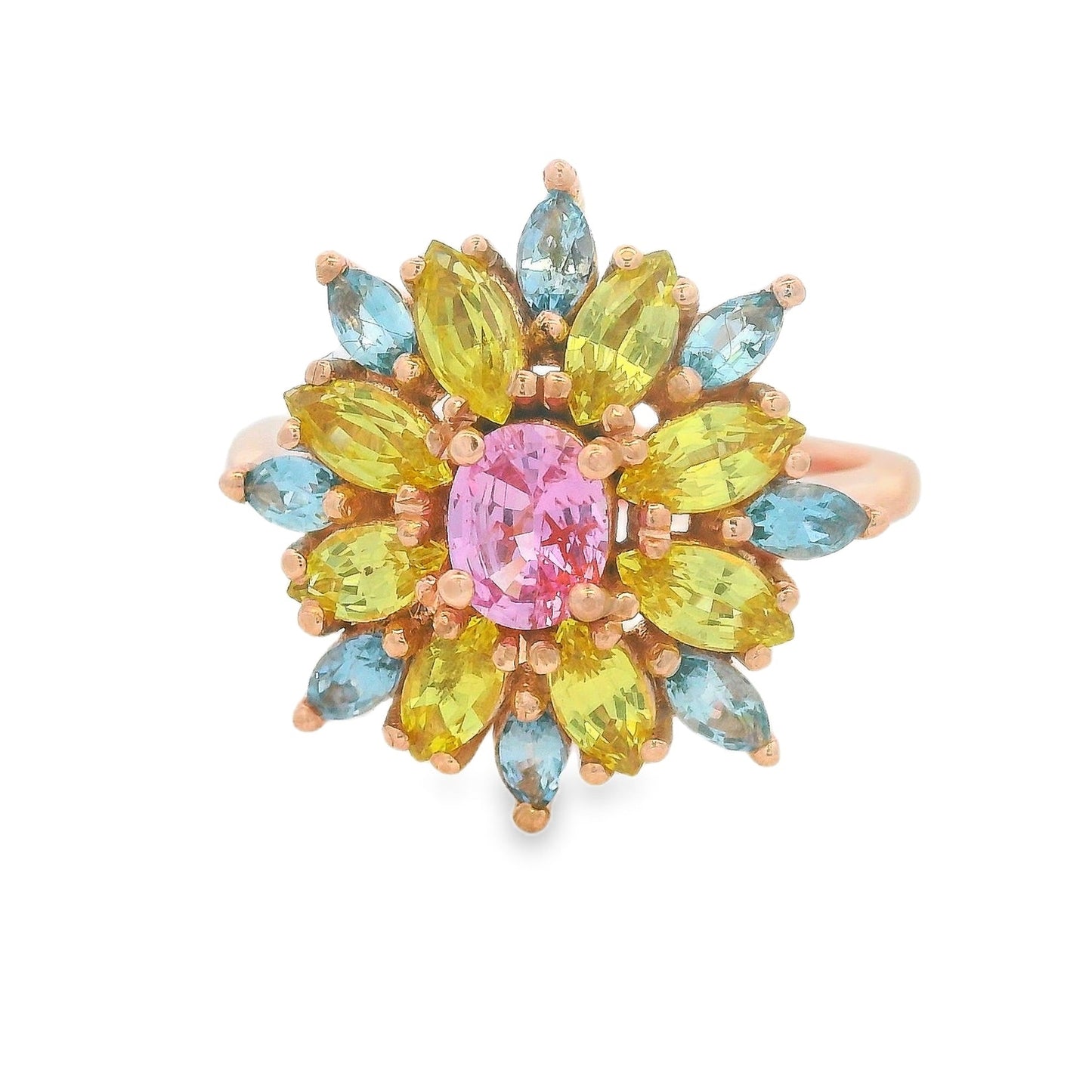 PIEZA UNICA / ENTREGA INMEDIATA / Anillo de Zafiros Fuegos Artificiales / Oro rosa 14k / Talla 7