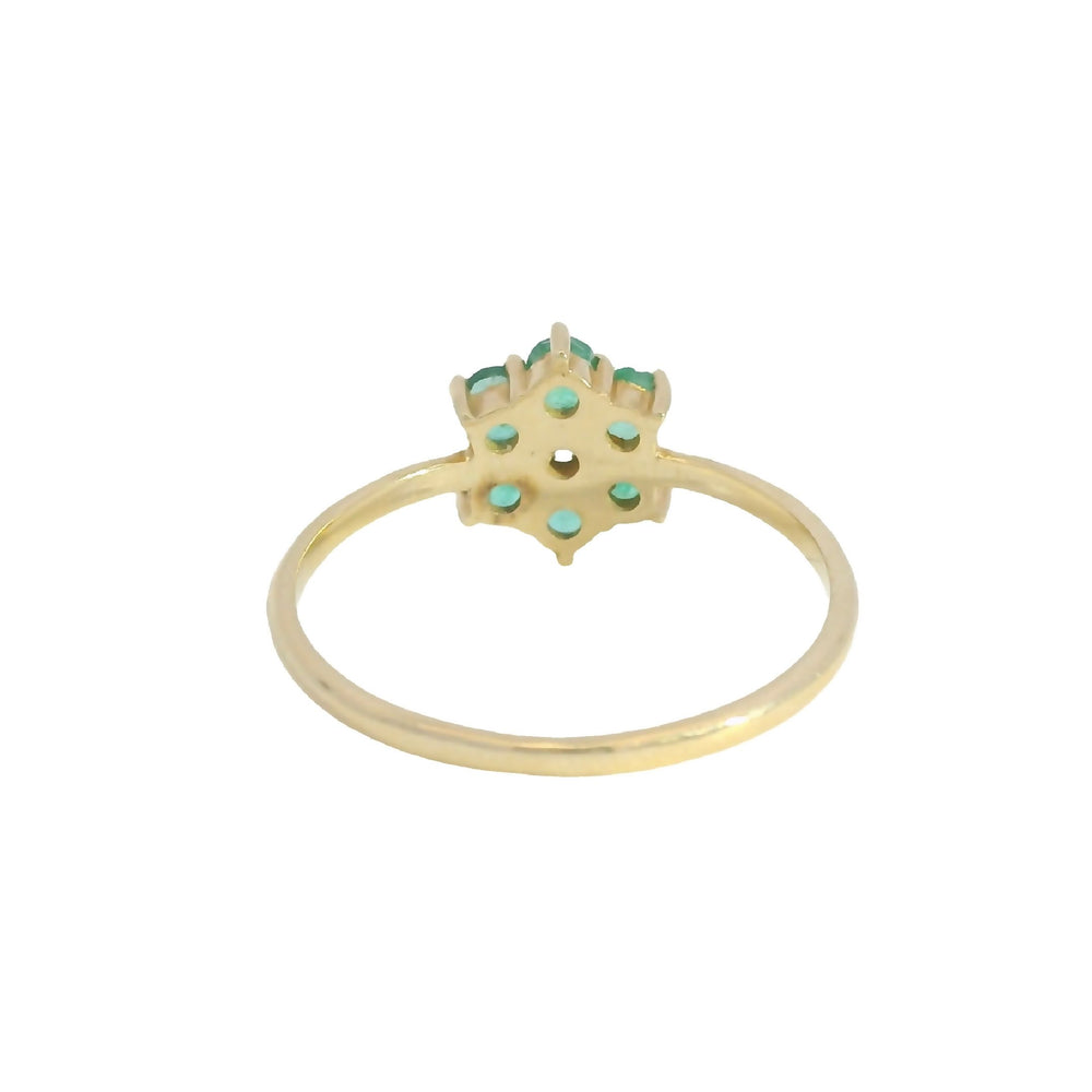 
                      
                        ENTREGA INMEDIATA / PIEZA ÚNICA / Anillo Flor con Esmeraldas y Diamante central / Oro amarillo 14K / Talla 6.5
                      
                    