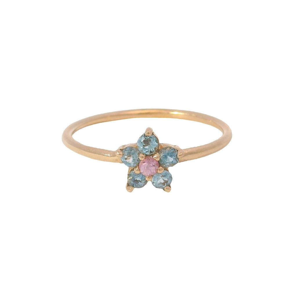 ENTREGA INMEDIATA / Anillo Flor Mini de Aguamarinas con Centro de Zafiro Rosa / Oro rosa 14K / Talla 7