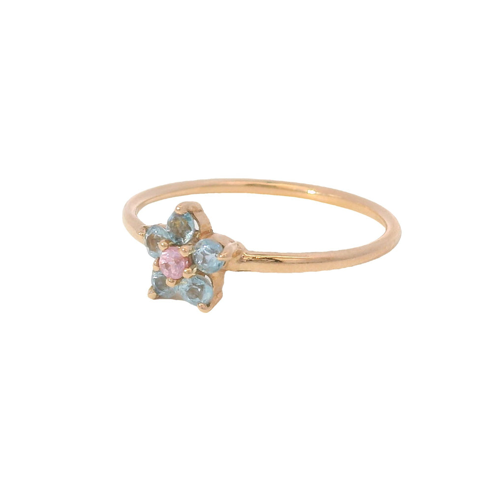 
                      
                        ENTREGA INMEDIATA / Anillo Flor Mini de Aguamarinas con Centro de Zafiro Rosa / Oro rosa 14K / Talla 7
                      
                    