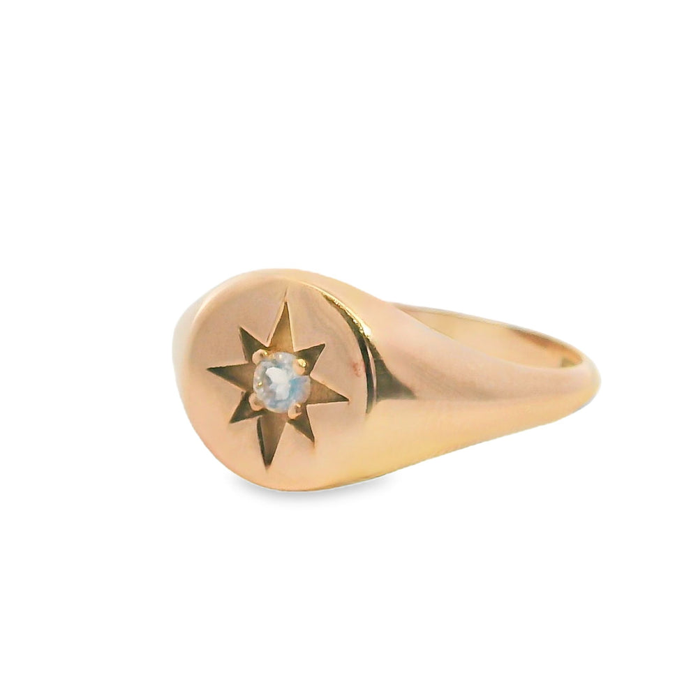 
                      
                        ENTREGA INMEDIATA / Anillo Sello de Estrella con Moonstone / Oro rosa 14K / Talla 6.5
                      
                    