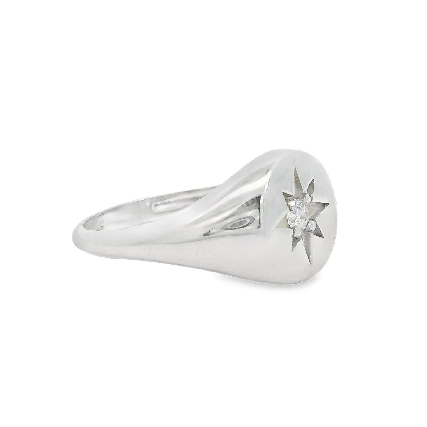 ENTREGA INMEDIATA / Anillo Sello de Estrella con Diamante / Oro blanco 14K / Talla 4.75