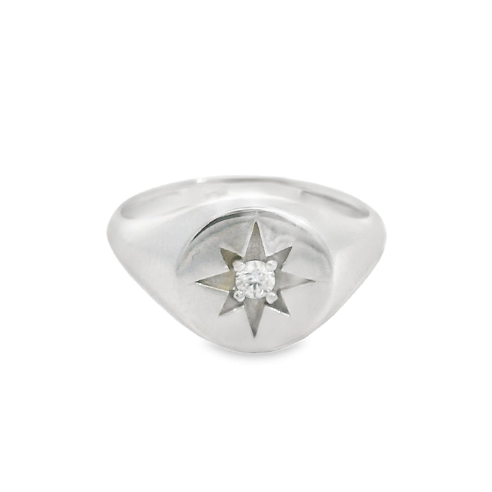 ENTREGA INMEDIATA / Anillo Sello de Estrella con Diamante / Oro blanco 14K / Talla 4.75