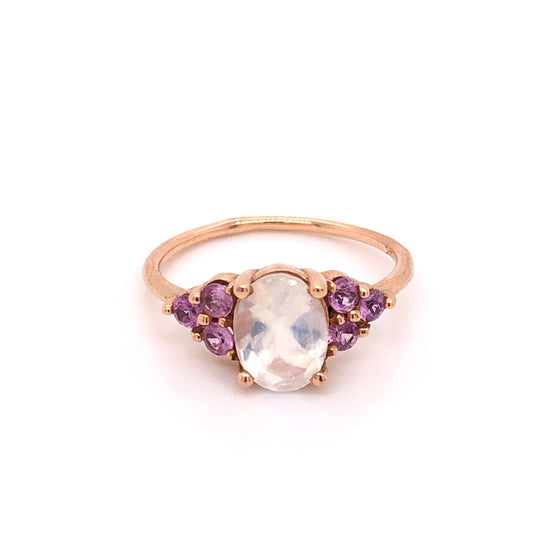 ENTREGA INMEDIATA / Anillo Valeria de Moonstone y Zafiro Rosa / Oro Rosa 14k / Talla 6