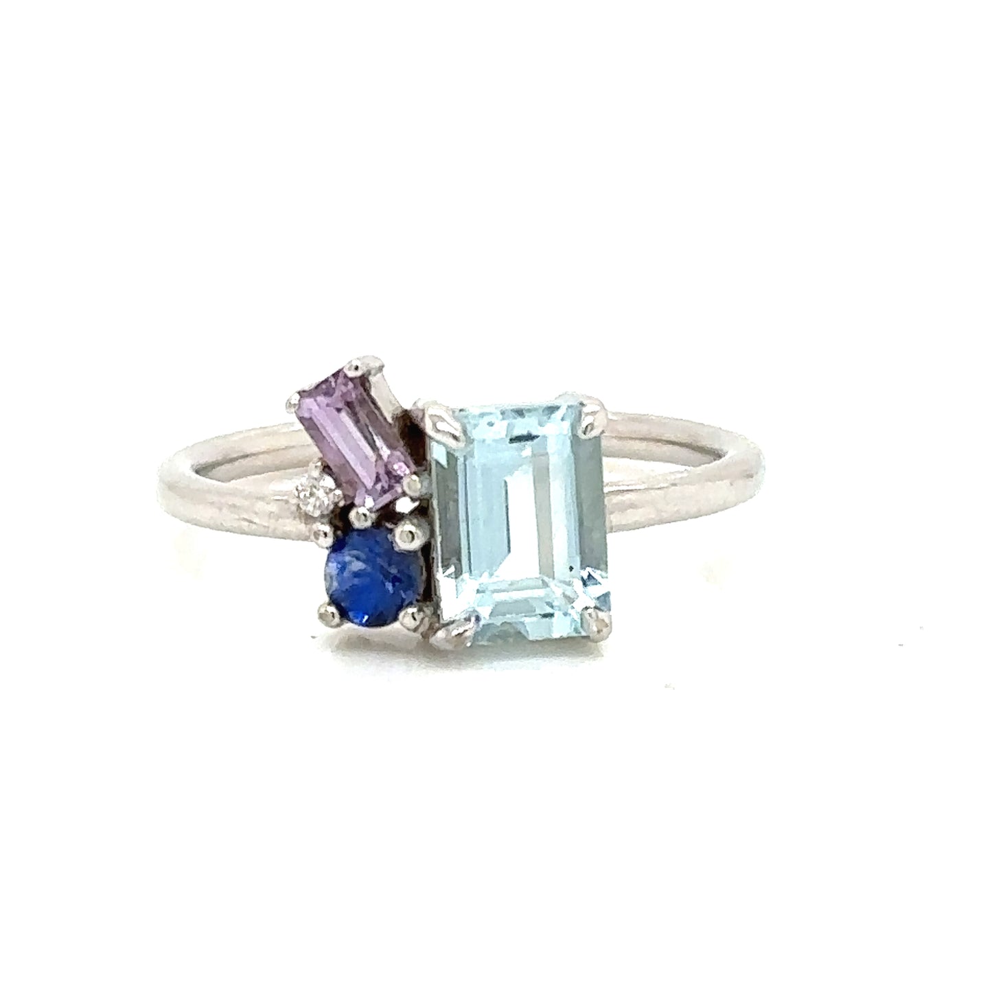 IMMEDIATE DELIVERY / Aquamarine ring with blue sapphire, pink sapphire and diamond / 14k white gold / Size 6