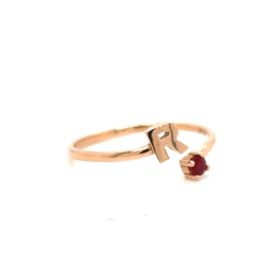 IMMEDIATE DELIVERY / "R" Initial Ring with Ruby / 14k Rose Gold / Size 7.5