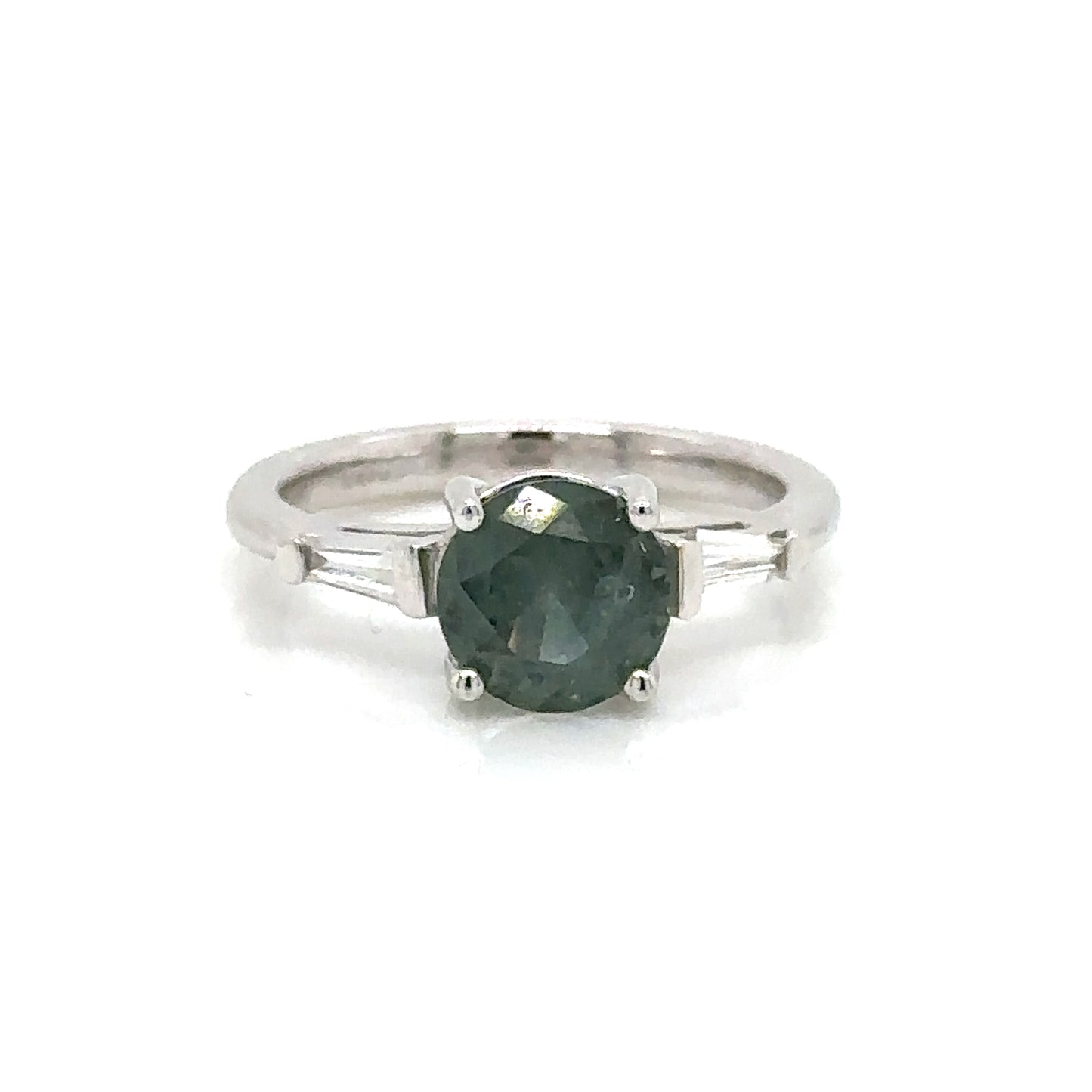 IMMEDIATE DELIVERY / SINGLE PIECE / Brilliant Cut Opalescent Sapphire Ring in Greenish Blue Tone with Bagette Diamonds / 14k White Gold / Size 5