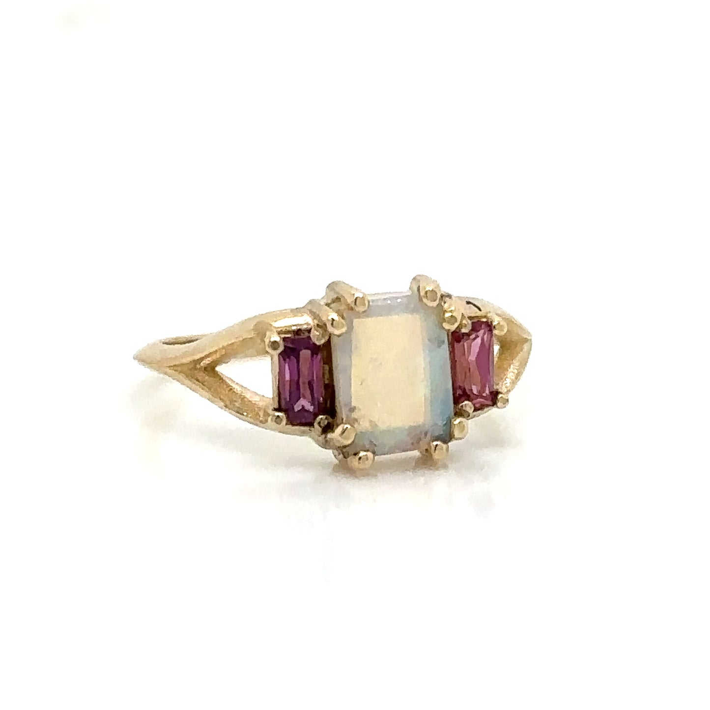 IMMEDIATE DELIVERY / Rectangular Opal Ring with Bagette Cut Rhodolites / 14k Yellow Gold / Size 7