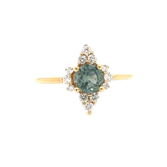 ENTREGA INMEDIATA / Anillo Elizabeth / Zafiro Azul Verdoso con Diamantes / Oro Amarillo 14k / Talla 6.5