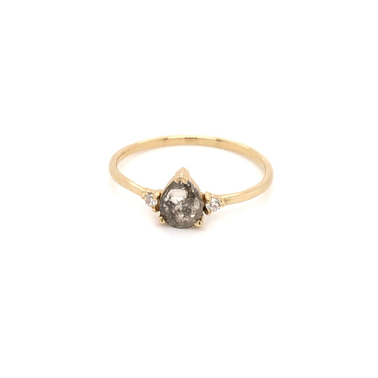 Load image into Gallery viewer, Salt and Pepper Drop Diamond Ring with side diamonds.

