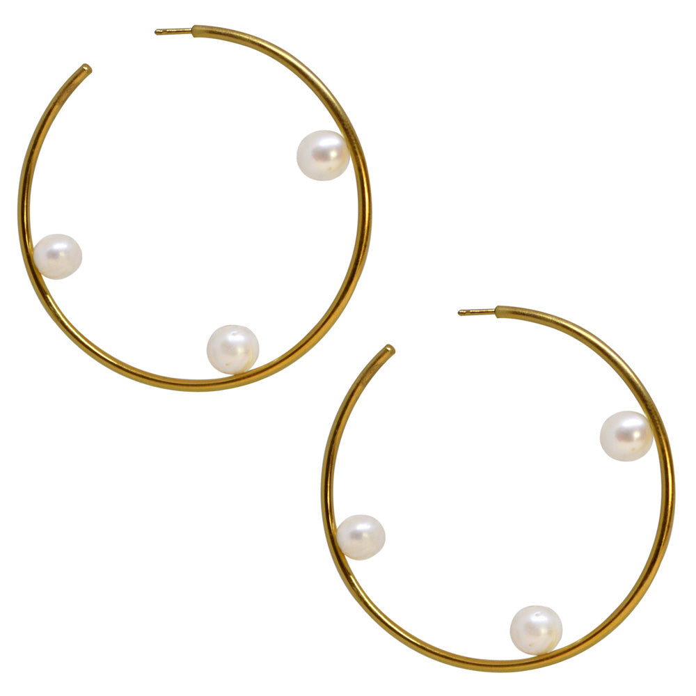 Load image into Gallery viewer, Three Pearls Stix Hoop Earrings

