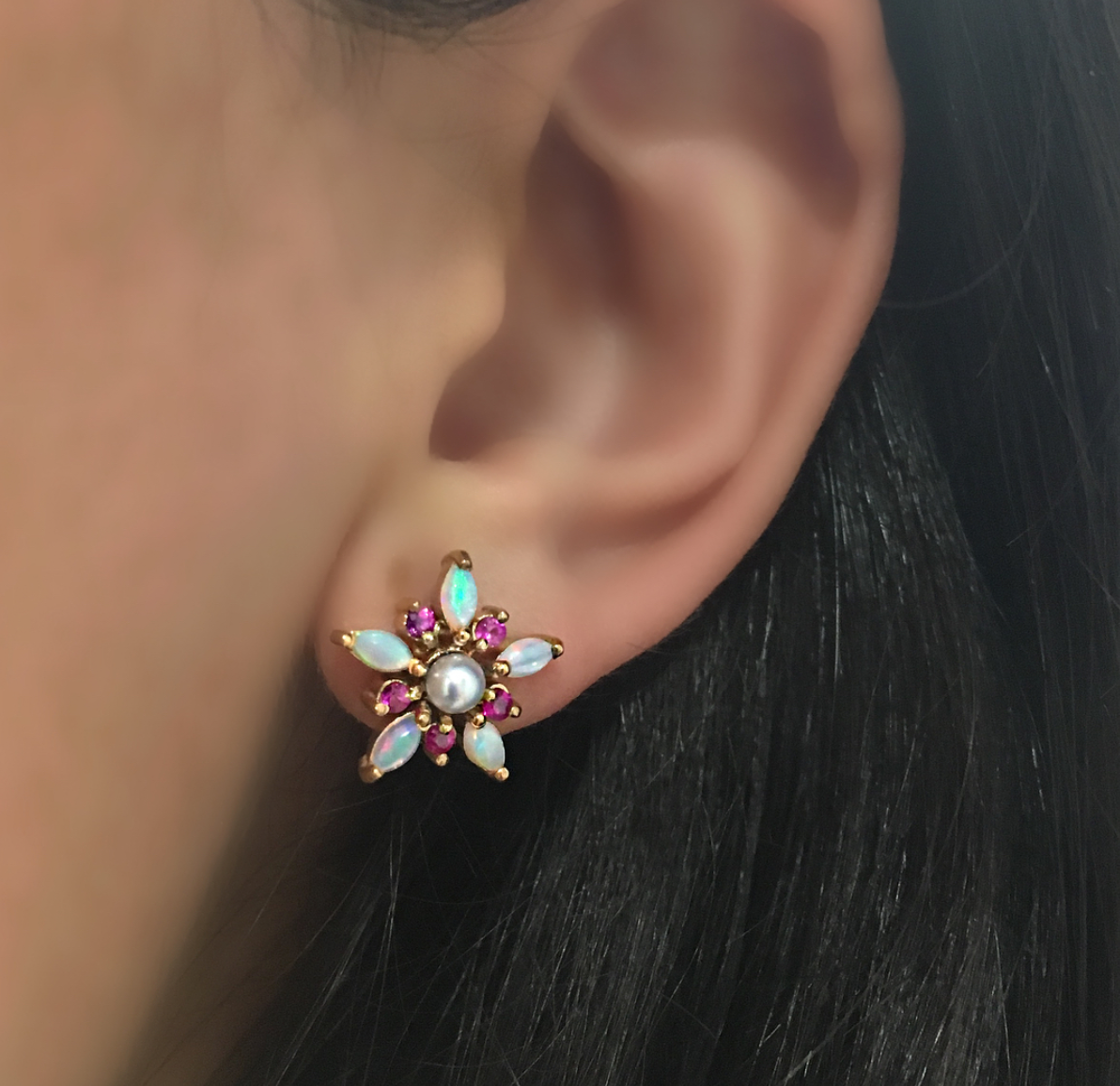 Opal, Pearl and Rubies Flower Earrings (Paola)