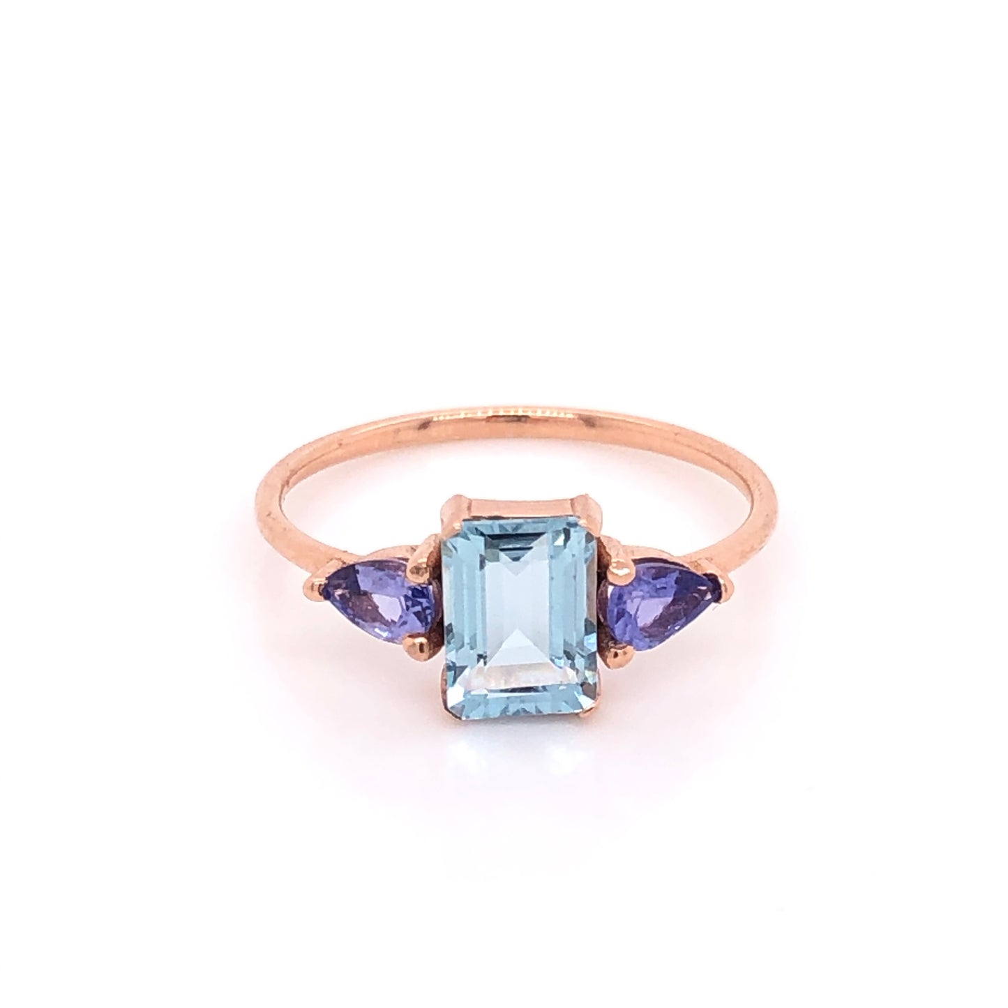 Load image into Gallery viewer, IMMEDIATE DELIVERY / Aquamarine Ring with Tanzanites / 14k Rose Gold / Size 6.5
