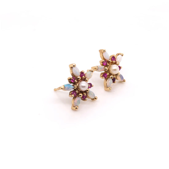 Opal, Pearl and Rubies Flower Earrings (Paola)
